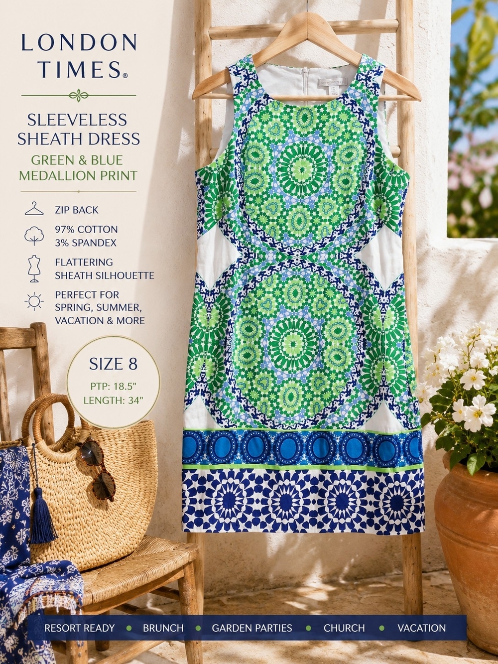 London Times Dress 8 Green Blue Medallion Print Sleeveless Cotton Sheath